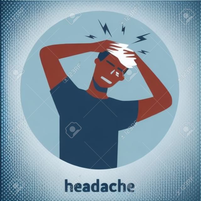 L'uomo soffre di dolore alla testa. Mal di testa e stress dalla malattia. Emicrania e cattivo umore. Illustrazione vettoriale piatto isolato