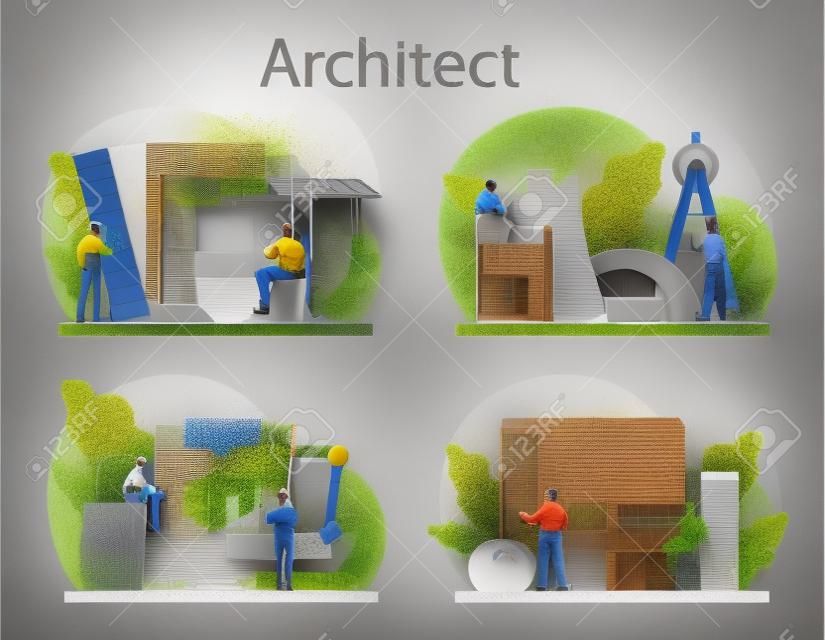 Architecture concept set. Idea of building project and construction