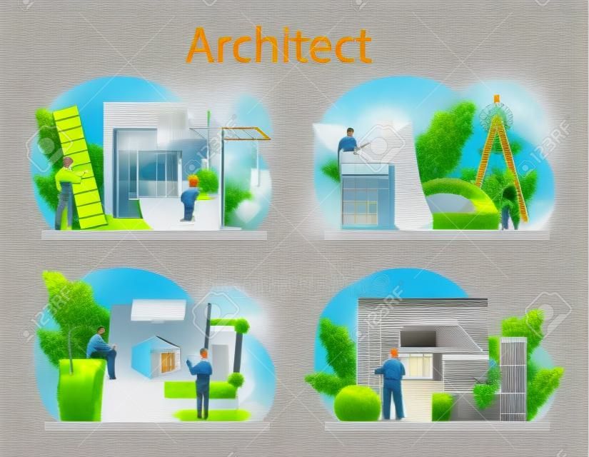 Architecture concept set. Idea of building project and construction