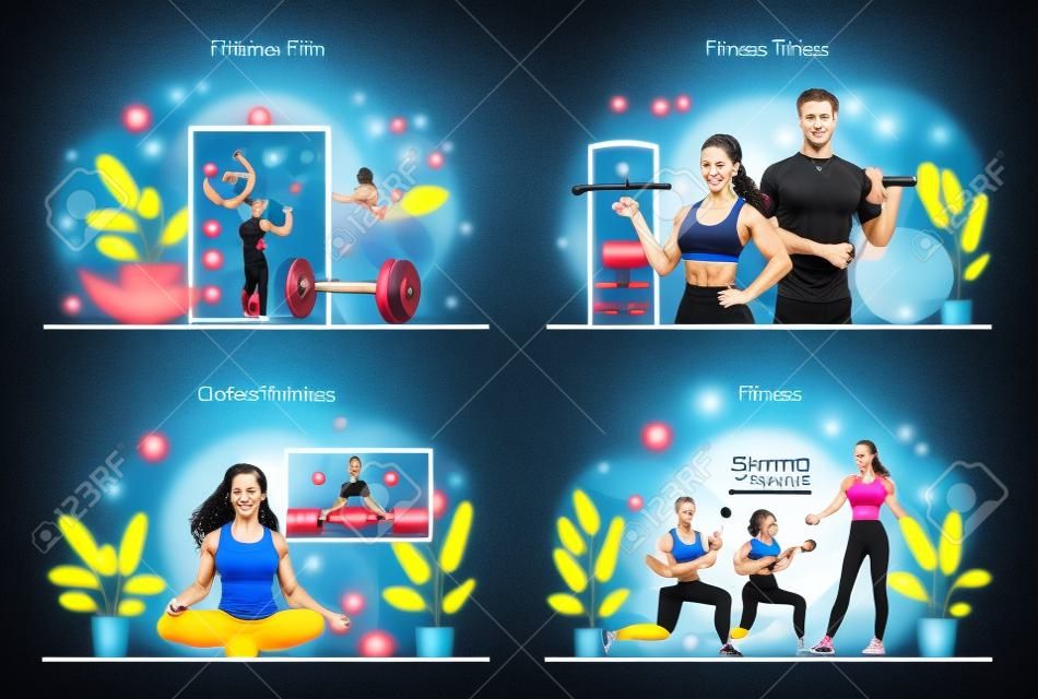 Fitness trainer concept set. Workout in the gym with professional sportsman