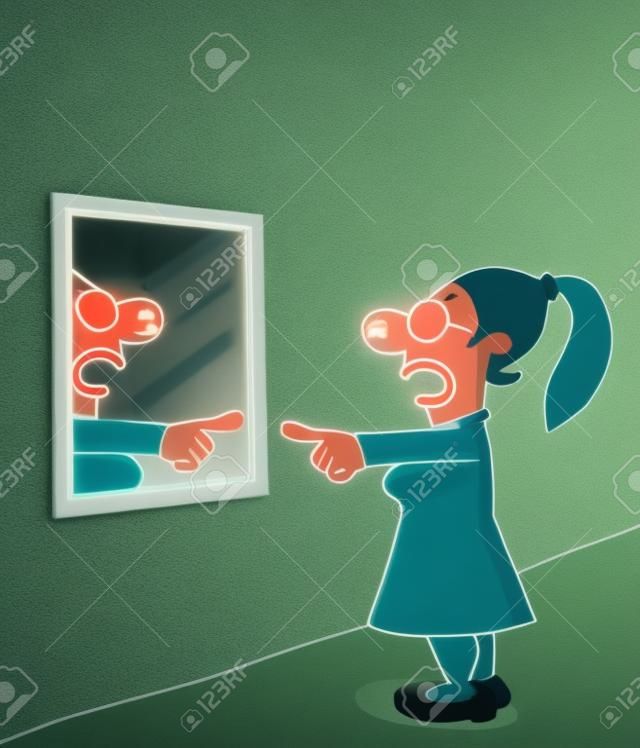 La mujer está hablando a sí mismo en el espejo con un gesto de enojo