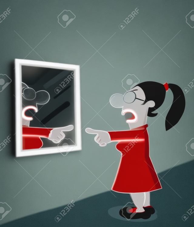 Woman is talking to himself on the mirror with an angry gesture