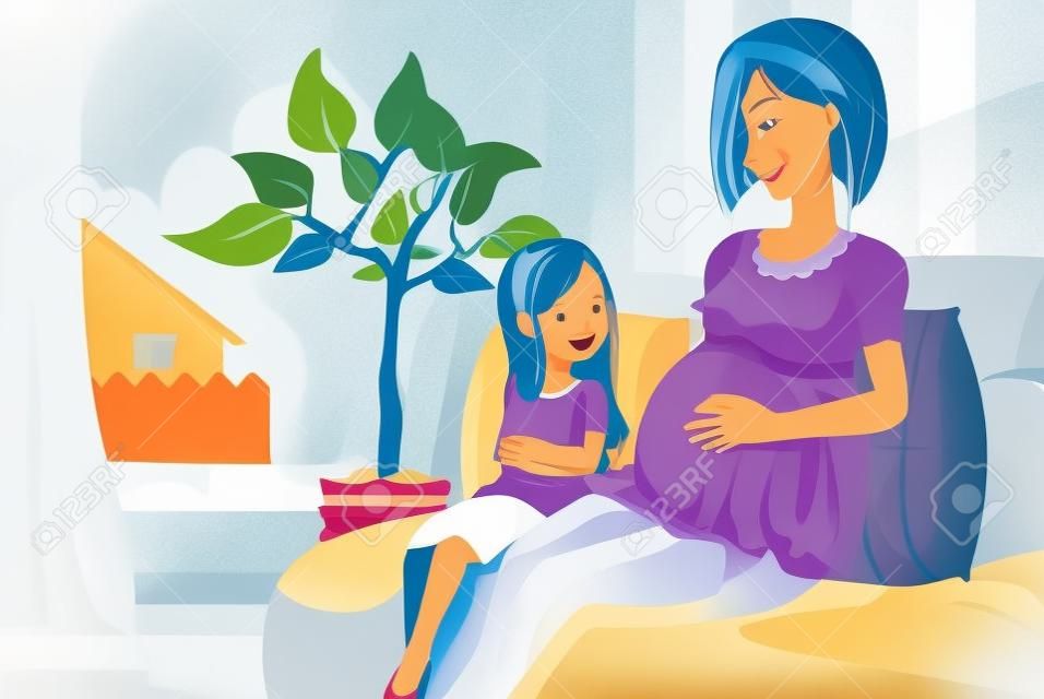 Une illustration d'une mère enceinte avec sa fille dans le salon