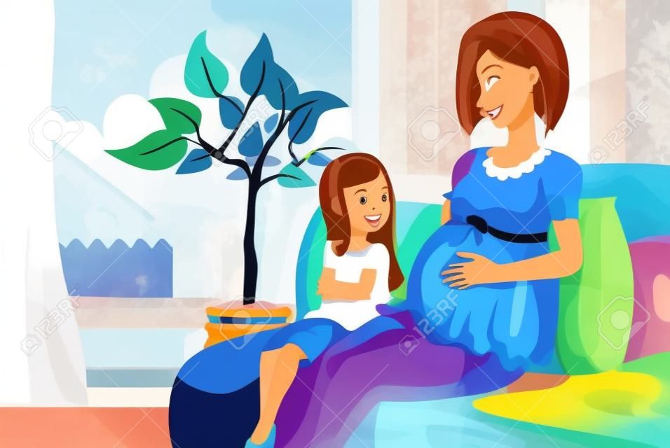 Ilustracja przedstawiająca ciężarną matkę z córką w salonie