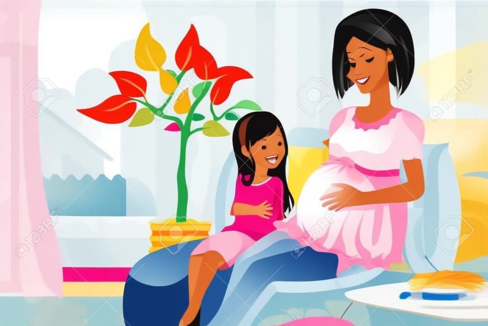 Иллюстрация беременной матери с дочерью в гостиной