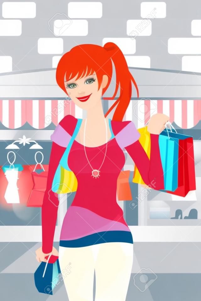 A vektoros illusztráció egy vásárlási nő a bevásárlóközpontban