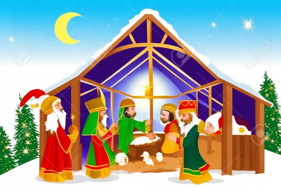 A vector illustration of Christmas concept of the birth of Jesus Christ with Joseph and Mary accompanied by the three wise men 