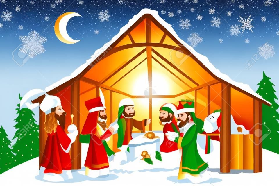 Una ilustración vectorial del concepto de Navidad del nacimiento de Jesucristo con José y María, acompañado por los tres Reyes Magos