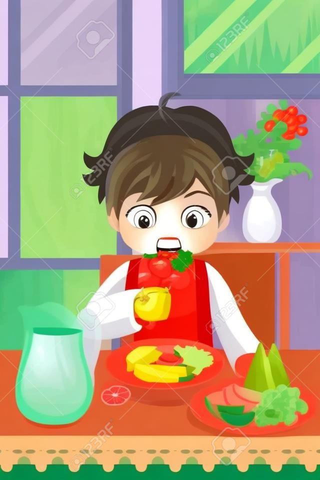 Иллюстрация мальчик ест овощи и фрукты