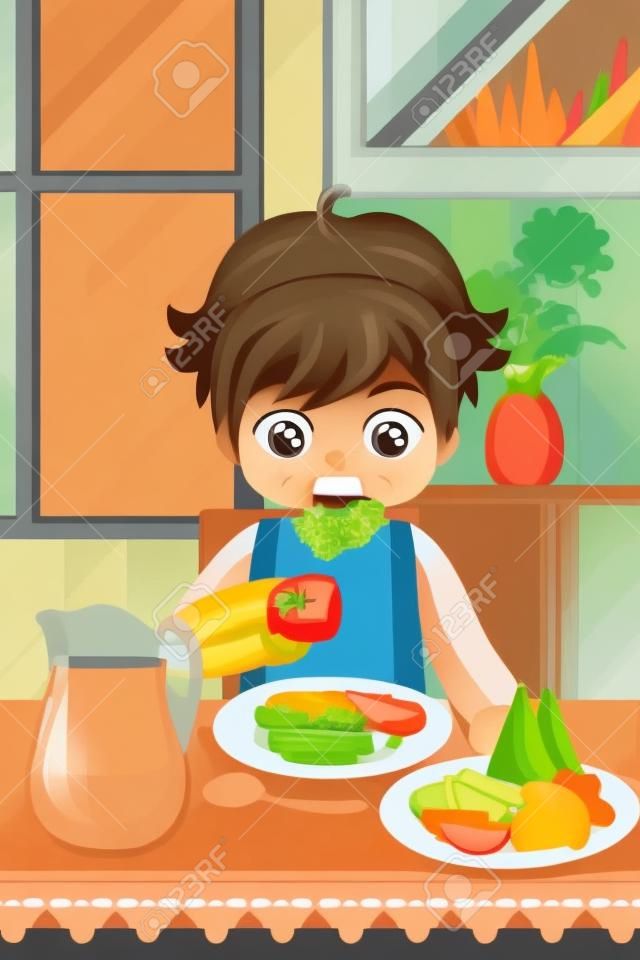 圖中的男孩吃蔬菜和水果