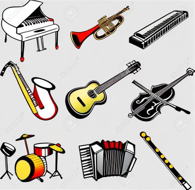 Una ilustración vectorial de diferentes iconos de instrumentos musicales