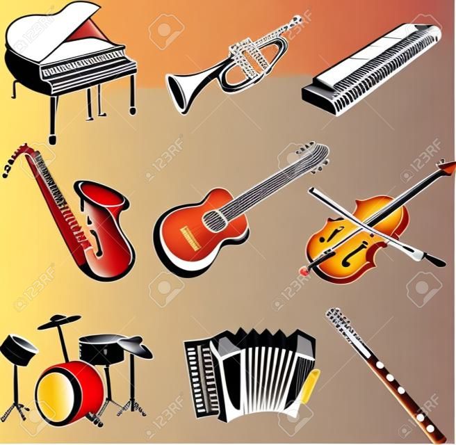 Una ilustración vectorial de diferentes iconos de instrumentos musicales