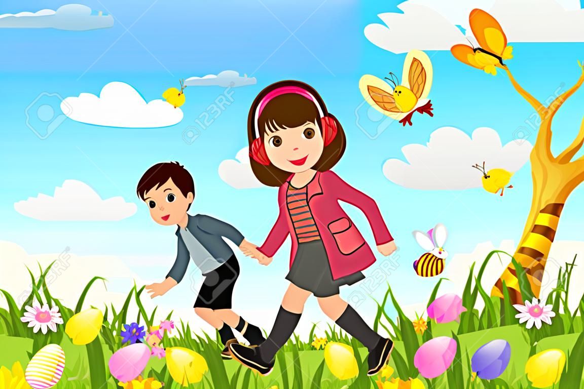 Uma ilustração vetorial de crianças que celebram a Páscoa, indo em uma caça ao ovo de Páscoa