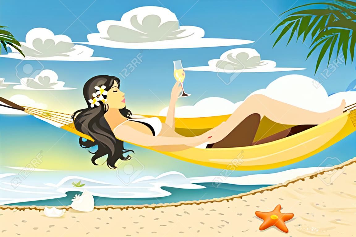Una ilustración vectorial de una bella mujer descansando en una hamaca en la playa