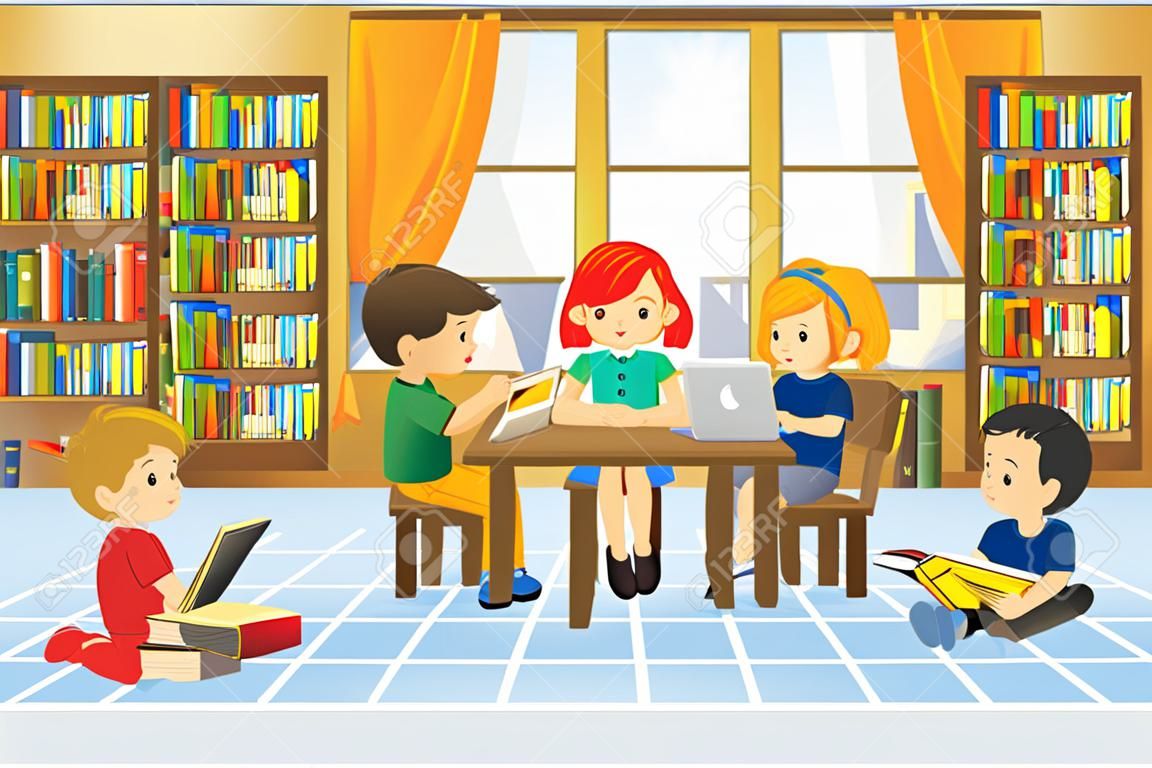 A vector illustration of a group of children in the library