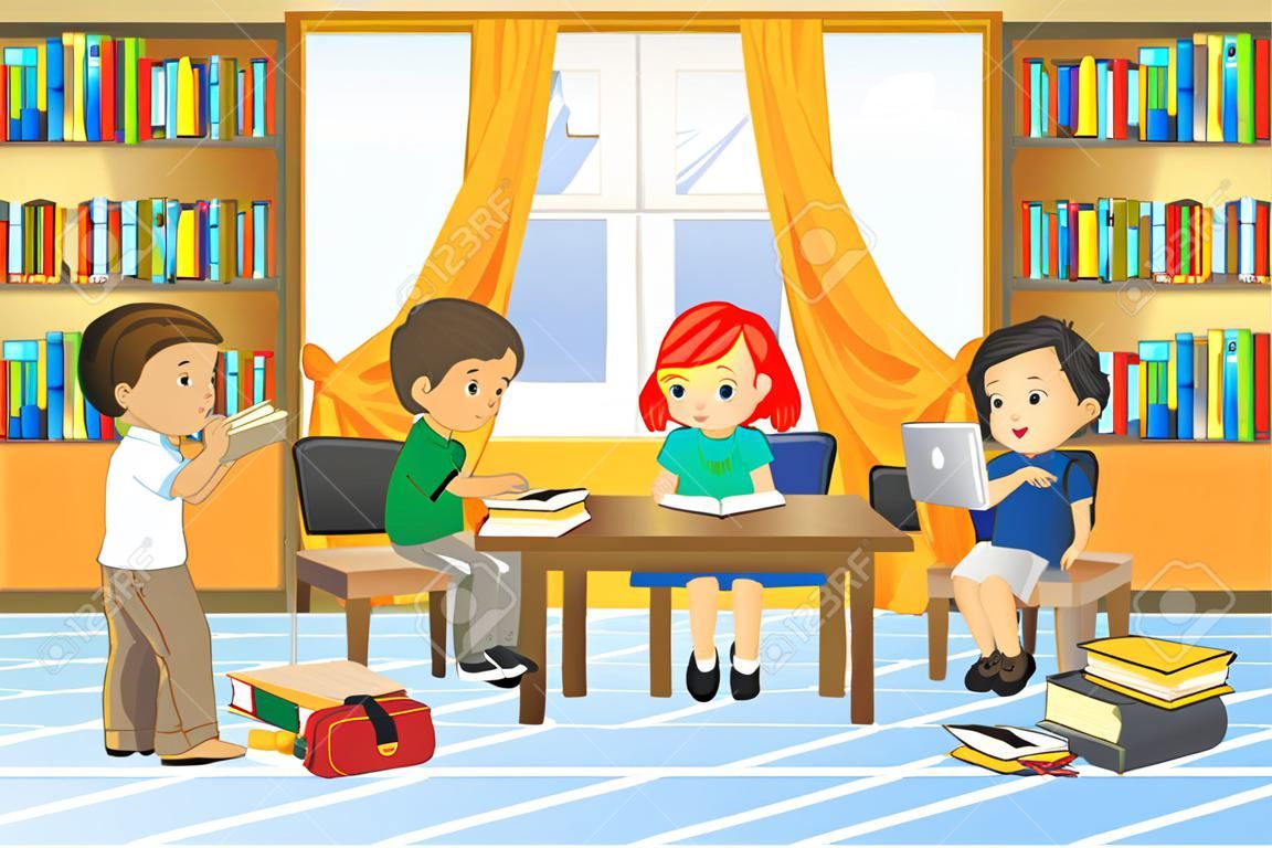 A vector illustration of a group of children in the library