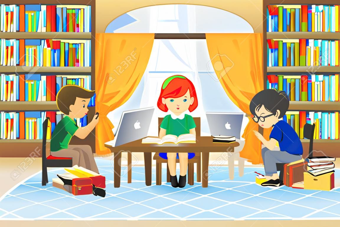 Una ilustración vectorial de un grupo de niños en la biblioteca