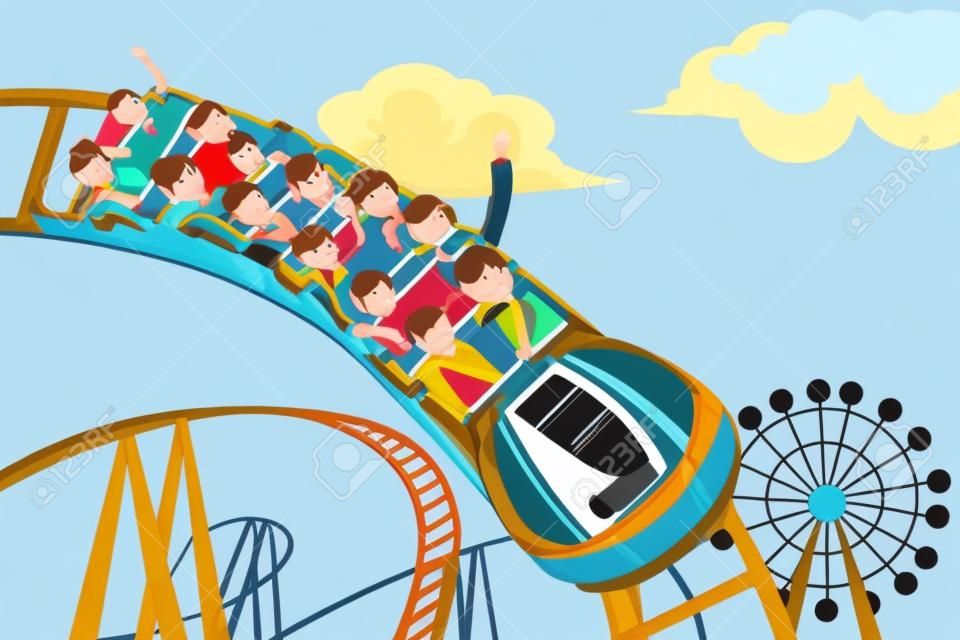 A vector illustration of people riding roller coaster in an amusement park