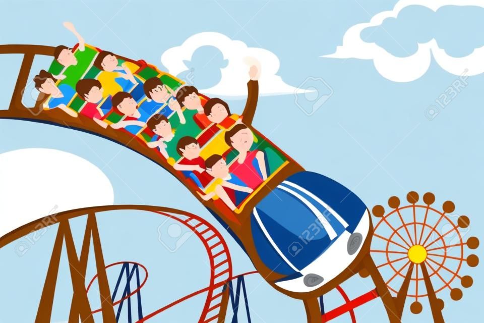 A vector illustration of people riding roller coaster in an amusement park