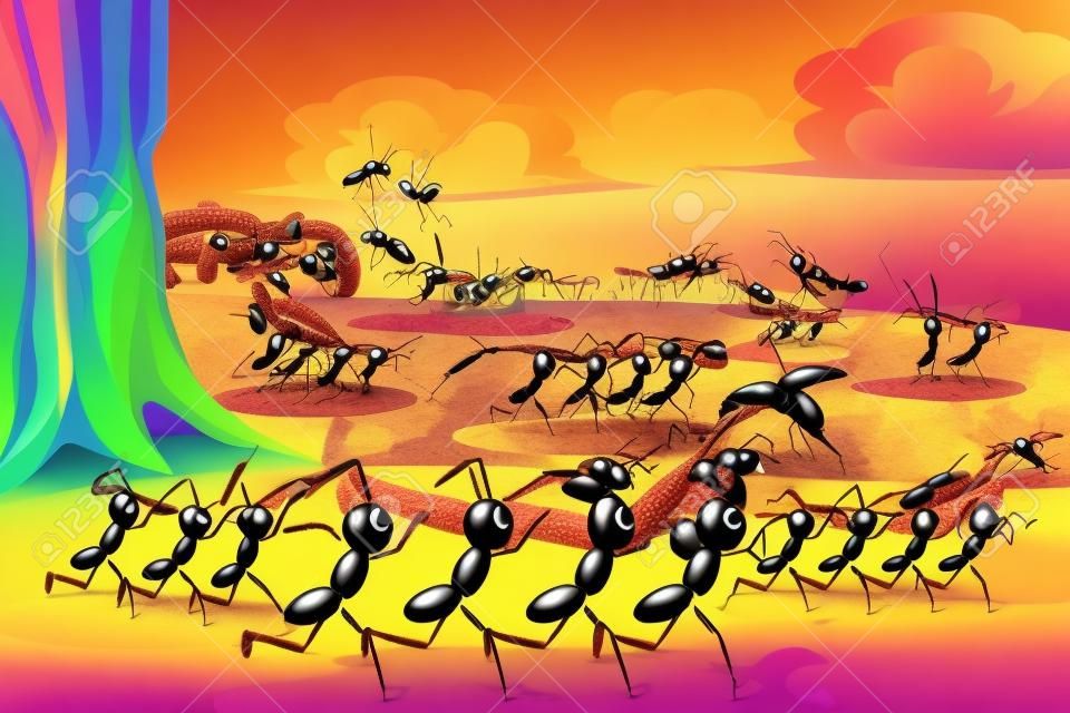 A illustration of a colony of ants working together, can be used for teamwork concept