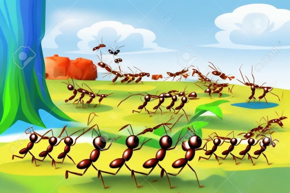 A illustration of a colony of ants working together, can be used for teamwork concept