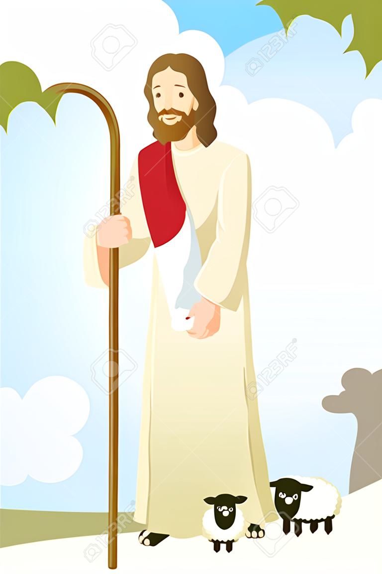 Eine Abbildung von Jesus mit zwei Schafen