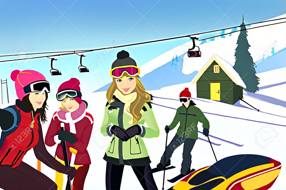 Ilustracji wektorowych z przyjaciółmi na nartach w ośrodku narciarskim