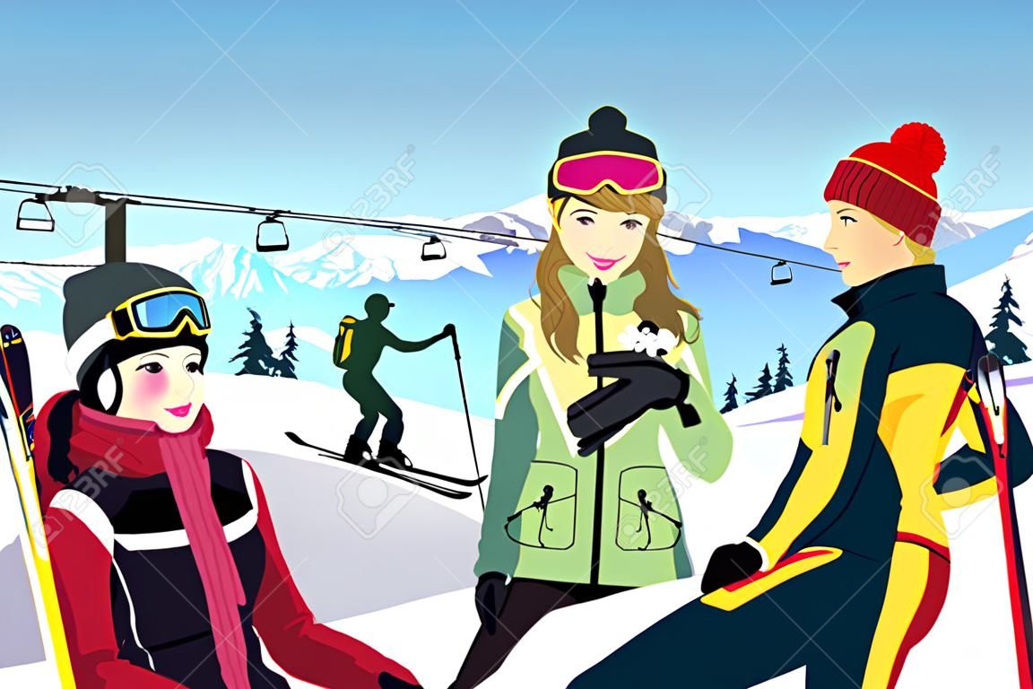 Una ilustración vectorial de amigos esquiando en una estación de esquí