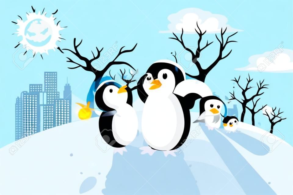 Una ilustración vectorial de un concepto de calentamiento global, con los pingüinos en una tierra seca y caliente