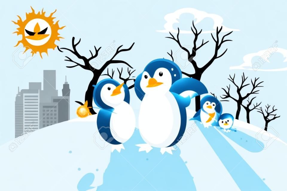 Una ilustración vectorial de un concepto de calentamiento global, con los pingüinos en una tierra seca y caliente