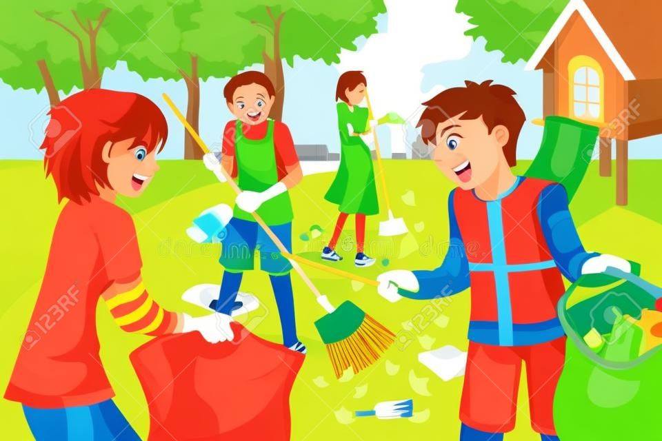 Une illustration vectorielle d'enfants bénévolat en nettoyant le parc