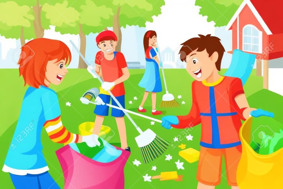 Una ilustración vectorial de los niños de voluntariado por la limpieza del parque