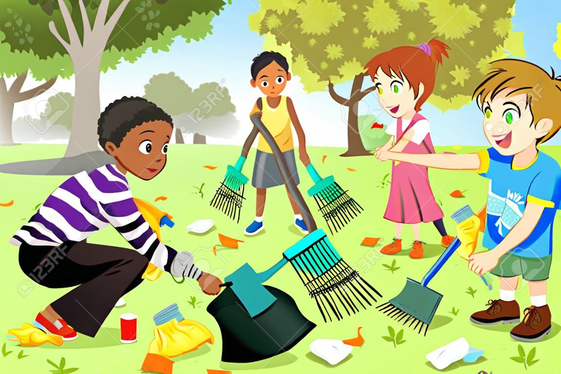 Une illustration vectorielle d'enfants bénévolat en nettoyant le parc