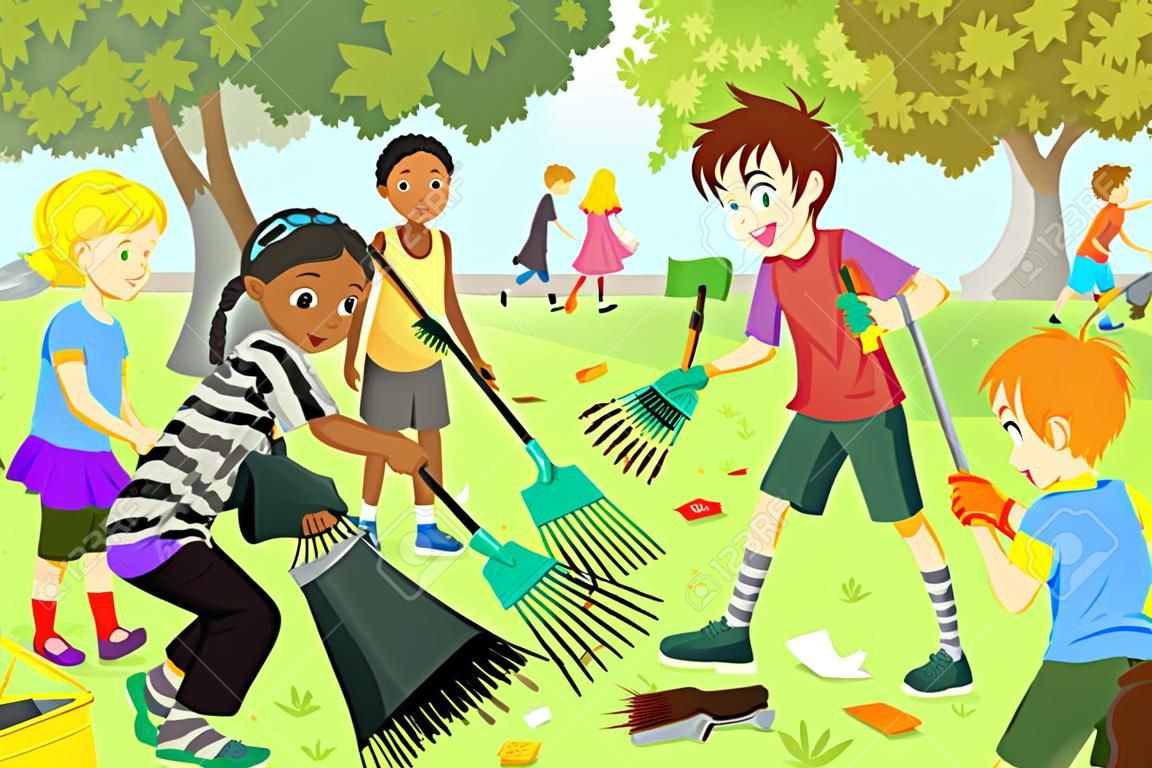 Ilustracji wektorowych dzieci wolontariatu poprzez uporzÄ…dkowanie parku