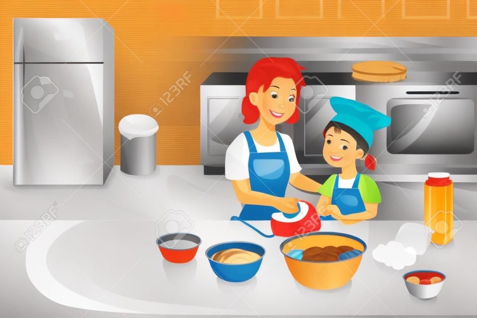 A illustration of mother and her daughter baking in the kitchen