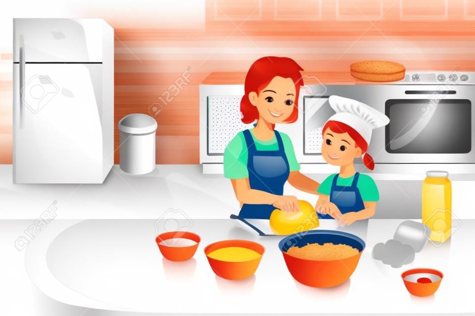 Иллюстрация мать и ее дочь выпечки на кухне