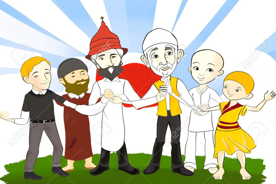 Una ilustración vectorial de personas de diferentes religiones de la mano juntos