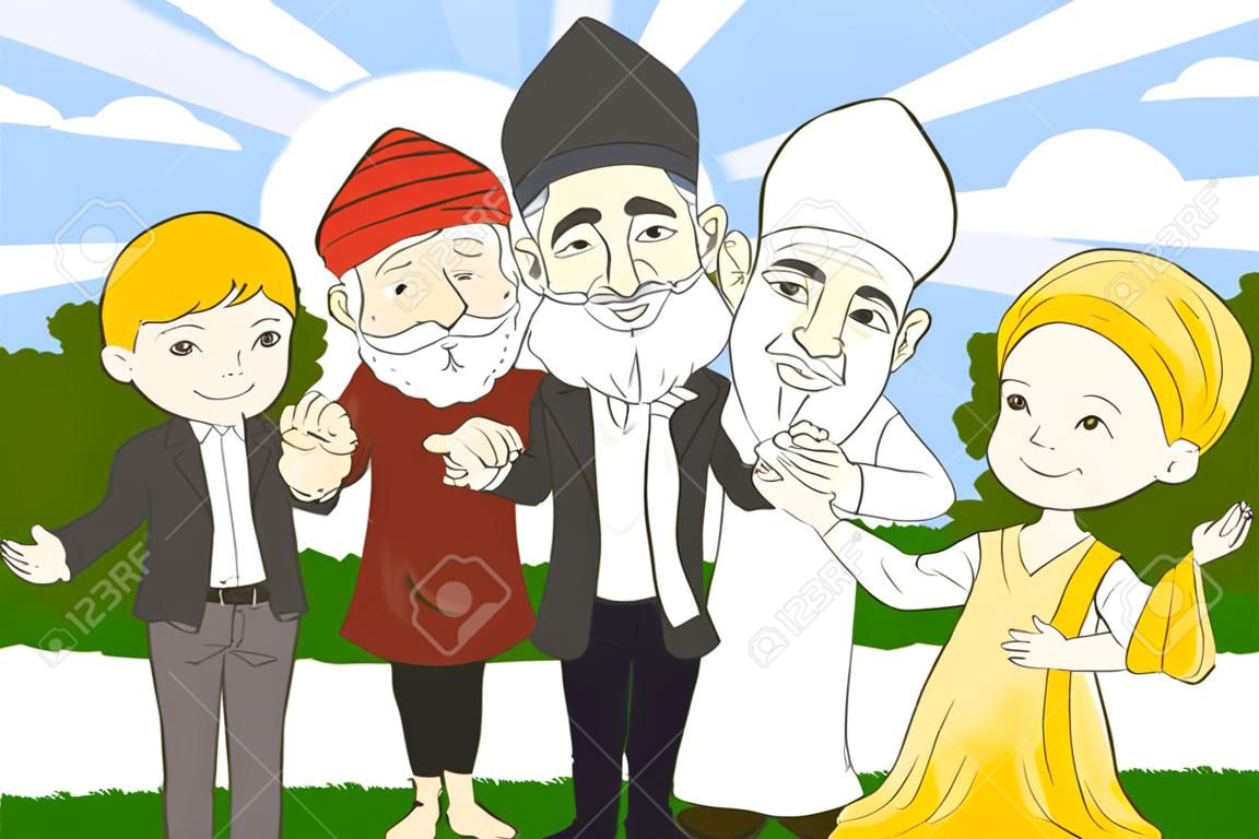 Una ilustración vectorial de personas de diferentes religiones de la mano juntos