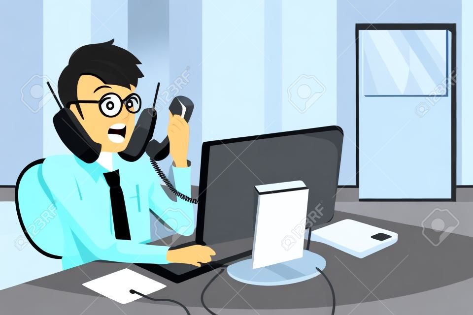 Иллюстрация занятый бизнесмен говорить на многих телефонах в то же время