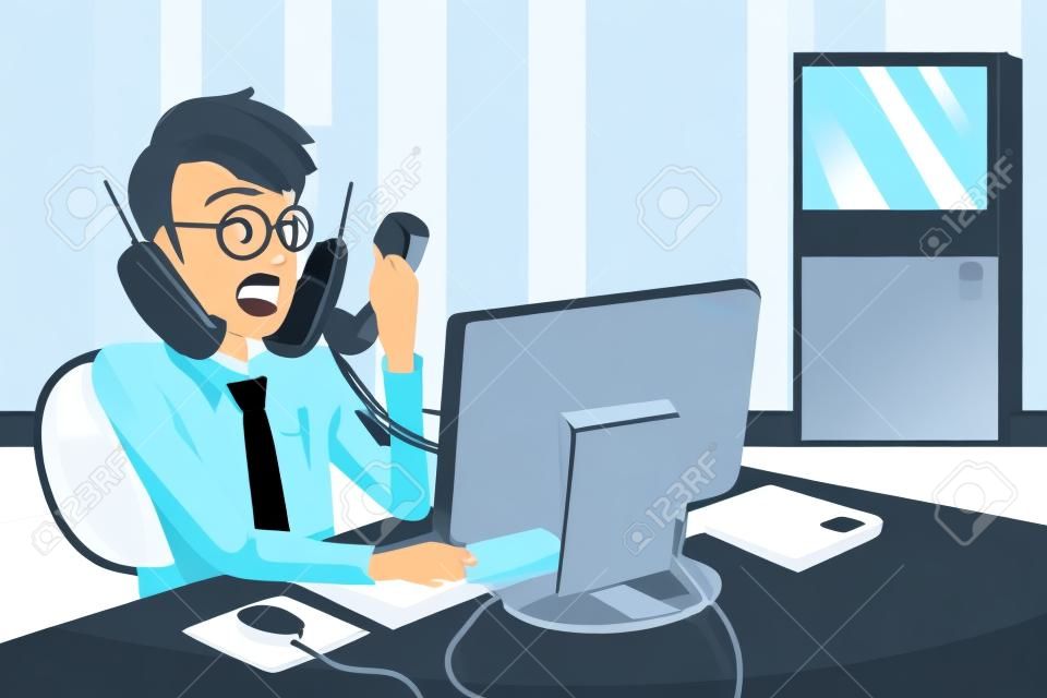 Uma ilustração de um homem de negócios ocupado falando em muitos telefones ao mesmo tempo