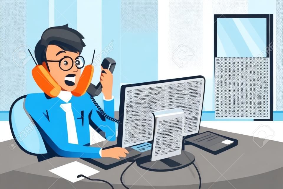 Иллюстрация занятый бизнесмен говорить на многих телефонах в то же время