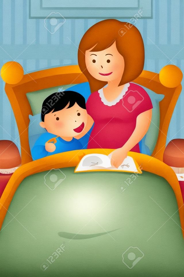 Illustration of mother reading a bedtime story to her son