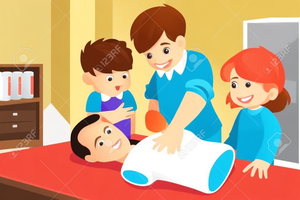 Ilustracji wektorowych dzieci ćwiczenia resuscytacji na manekinie z ich instruktorem