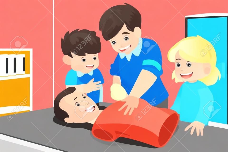 Ilustracji wektorowych dzieci ćwiczenia resuscytacji na manekinie z ich instruktorem