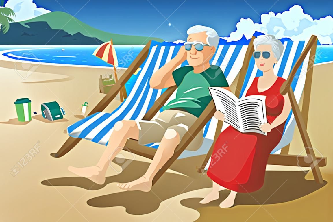 Uma ilustração vetorial de casal sênior feliz desfrutando de sua aposentadoria na praia
