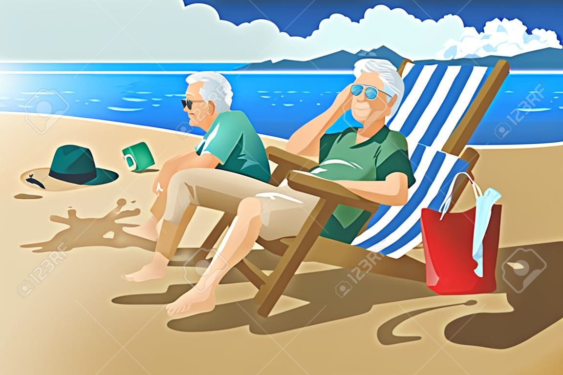 Een vector illustratie van gelukkig senior paar genieten van hun pensioen op het strand