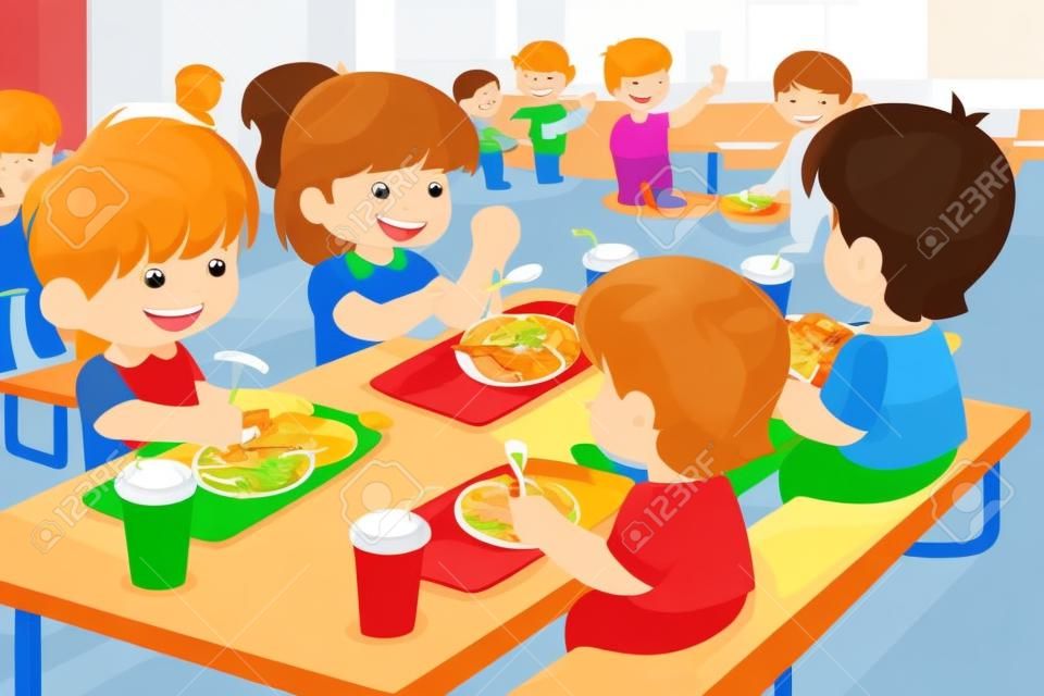 A vector illustration of elementary students eating lunch in cafeteria
