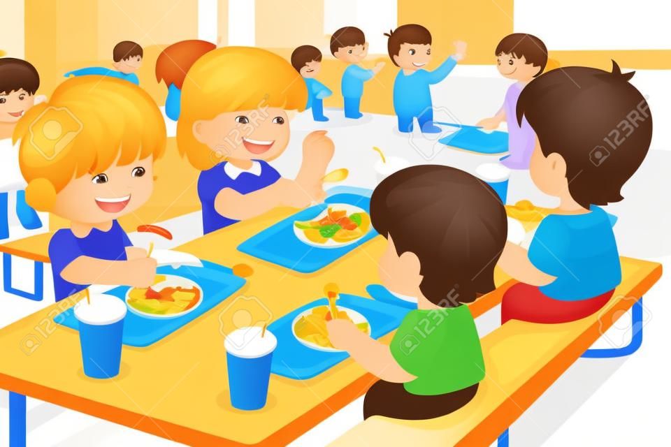 Una illustrazione vettoriale di studenti delle elementari mangiano pranzo in mensa