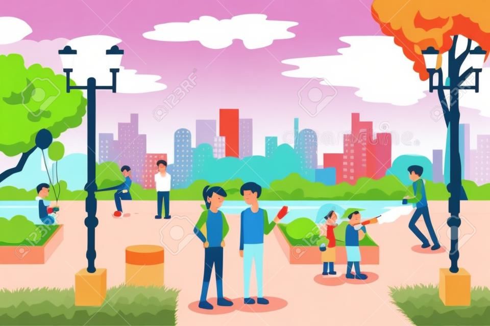 Uma ilustração vetorial de pessoas em um parque da cidade fazendo coisas cotidianas