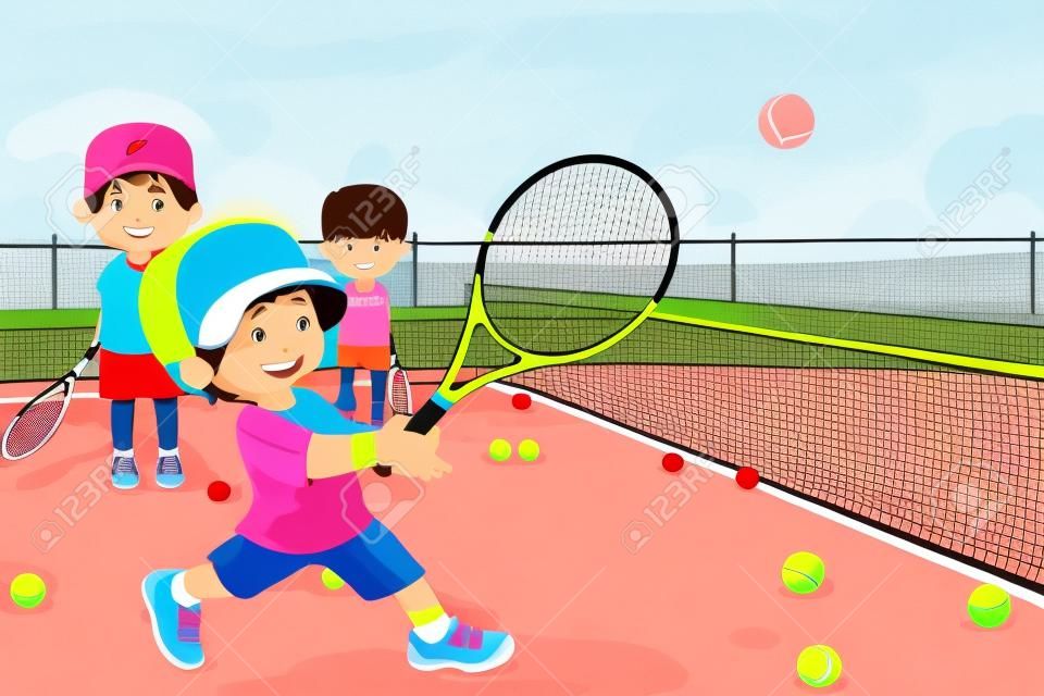 A illustration of kids practicing tennis